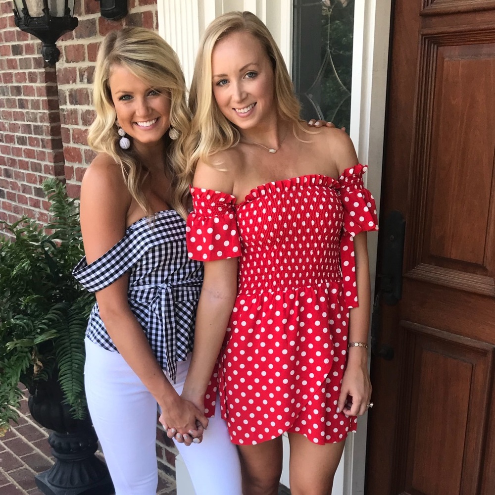 Red and White Off the Shoulder Polka Dot Dress